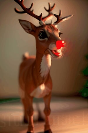 ,((masterpiece,best quality)),  , Rudolf_Red_Nose, solo, Reindeer, animal focus, full body,  solo, smile, looking at viewer,  Christmas, Christmas tree, rudolf nose blinking,Rudolf_Red_Nose