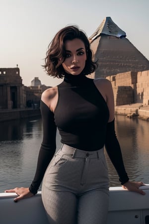 glamorous photo of half body portrait of BarbaraBachSDXL in safari trousers and (turtleneck shirt:1.3), in a river boat on the Nile, Giza pyramids in the background, high fashion, luxurious, extravagant, stylish, sensual, opulent, elegance, stunning beauty, professional, high contrast, detailed