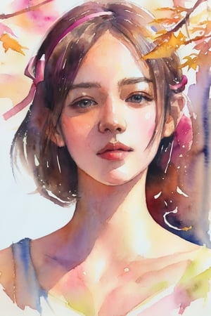 (8k, best quality, masterpiece:1.2),(best quality:1.0), (ultra highres:1.0), watercolor, a beautiful woman, shoulder, hair ribbons, by agnes cecile, half body portrait, extremely luminous bright design, pastel colors, (ink:1.3), autumn lights,Indian,no_humans,1 girl 