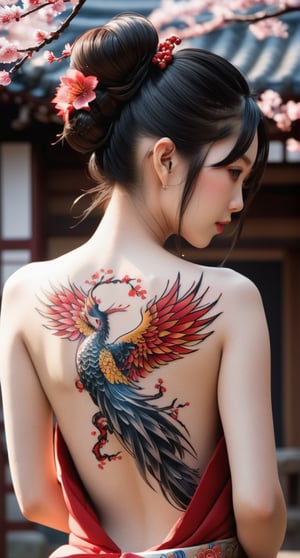 Super detailed masterpiece 8k, realistic, 1 girl, (beautiful face)++ A girl, (showing off her entire back with superb Japanese phoenix tattoo), yakuza style, bright colors, dragon, cherry blossoms, Mount Fuji, geisha god Wind Squad Red Sunwave is simply a work of art and so much more. Fills the entire back. Close-up on her back, contrasting with the girl's beautiful lines on a simple Japanese style background