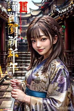 masterpiece, best quality, realistic, highres, 1girl happy new year  kimono, smile,happy new year, text .新年快乐,Bomi