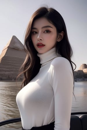 glamorous photo of half body portrait of BarbaraBachSDXL in safari trousers and (turtleneck shirt:1.3), in a river boat on the Nile, Giza pyramids in the background, high fashion, luxurious, extravagant, stylish, sensual, opulent, elegance, stunning beauty, professional, high contrast, detailed