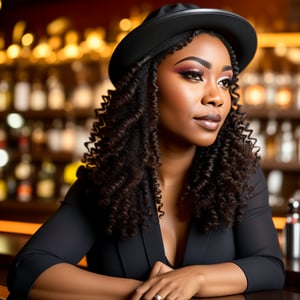 A woman sits in a bar, wearing a fashionable hat, detailed beautiful face, elegant outfit, attractive body, lifelike skin texture, makeup, shiny hair. lifelike lights, bokeh, Black woman, Curly long hair, artistic lens, 85mm. 1/2