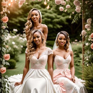 A woman in a fashionable wedding dress sits in a flowery garden, pink dress, detailed beautiful face, Long shiny blonde hair, attractive body, attractive gaze, sincere smile, Black woman, makeup, milky body, artistic work, sunset, artistic lights. HDR