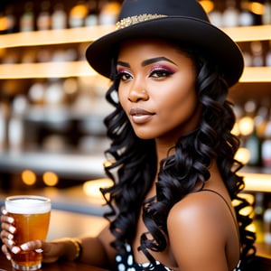 A woman sits in a bar, wearing a fashionable hat, detailed beautiful face, elegant outfit, attractive body, lifelike skin texture, makeup, shiny hair. lifelike lights, bokeh, Black woman, Curly long hair, artistic lens, 85mm. 1/2
