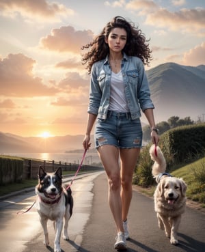 Attractive woman, attractive body, detailed beautiful face, long curly hair, Walking dog, realistic dog. lifelike artistic work, sunrise, partial and sharp quality