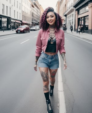 An attractive body girl with beautiful punk hair, beautiful face, walking, makeup, tattoo, detailed photo, street photo, attractive smile, lifestyle,