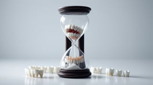 ((small human teeth flows into hourglass)), (small falling human teeth instead of sand inside clock), in focus, cinematic light, (((clean white background))),cyborg style,Movie Still
