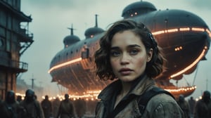 (((sexy cyberpunk android Emilia Clarke stands near a huge airship with people in long masks and uniforms of plague fighters))), ((dark night vintage dystopian cyberpunk led neon village street background)), ((lighting dust particles)), horror movie scene, best quality, masterpiece, (photorealistic:1.4), 8k uhd, dslr, masterpiece photoshoot, (in the style of Hans Heysen and Carne Griffiths),shot on Canon EOS 5D Mark IV DSLR, 85mm lens, long exposure time, f/8, ISO 100, shutter speed 1/125, award winning photograph, facing camera, perfect contrast,cinematic style