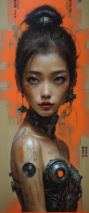 Hyperrealism, tecno Style of Loui Jover, cyborg and girl, movie poster, chinese text, GEOF DARROW style.orange, ,,gooeuun,minsi,,,<lora:659095807385103906:1.0>,gokim,<lora:659095807385103906:1.0>