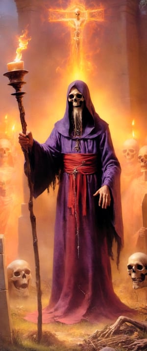 Generate hyper realistic image of a sorcerer performing an unholy ritual to raise the dead,  surrounded by a graveyard filled with restless spirits. The sorcerer's staff should channel dark energies,  and skeletal hands should emerge from the ground as the undead awaken. Convey the malevolent power of the necromancer as they defy the natural order to command the deceased., DonMn1ghtm4reXL, sooyaaa, darkart,,,,,