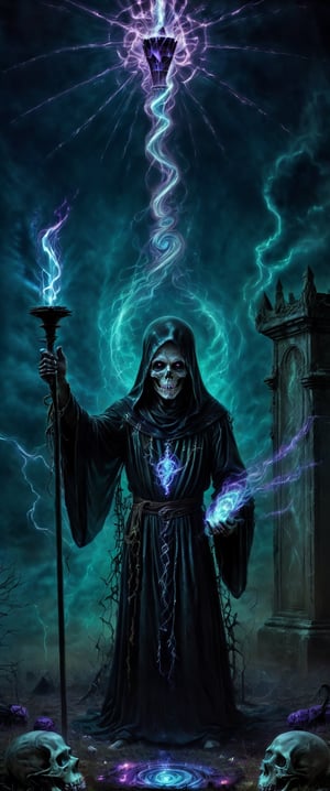 Generate hyper realistic image of a sorcerer performing an unholy ritual to raise the dead,  surrounded by a graveyard filled with restless spirits. The sorcerer's staff should channel dark energies,  and skeletal hands should emerge from the ground as the undead awaken. Convey the malevolent power of the necromancer as they defy the natural order to command the deceased., DonMn1ghtm4reXL, sooyaaa, darkart,,,,,darkart,DonMn1ghtm4reXL