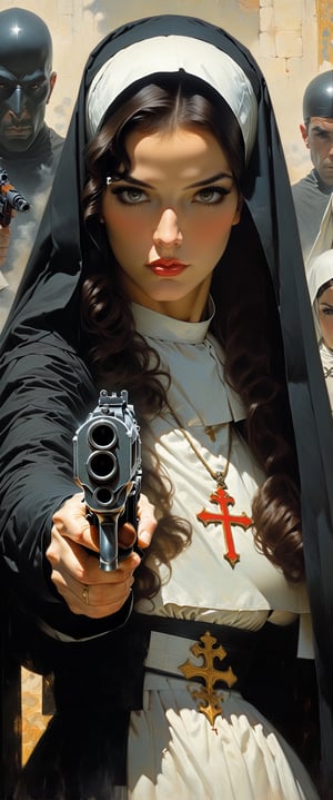 a woman dressed as a nun holding a gun, Tom Bagshaw and Donato Giancola, Chris Moore. Germ of Art, by Mark Brooks, by Lucas Graciano, Germ of Art Greg Rutkowski _ Greg, James Gurney Brom, by Tom Bagshaw and Boris Vallejo, by Jose Comas Quesada, by Jorge Jacinto,gunatyou