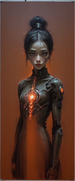 Hyperrealism, tecno Style of Loui Jover, cyborg and girl, movie poster, chinese text, GEOF DARROW style.orange, ,,gooeuun,minsi,,,,gokim,sooyaaa,<lora:659095807385103906:1.0>