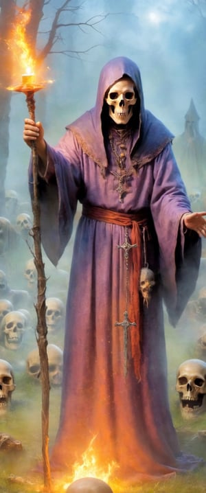 Generate hyper realistic image of a sorcerer performing an unholy ritual to raise the dead,  surrounded by a graveyard filled with restless spirits. The sorcerer's staff should channel dark energies,  and skeletal hands should emerge from the ground as the undead awaken. Convey the malevolent power of the necromancer as they defy the natural order to command the deceased., DonMn1ghtm4reXL, sooyaaa, darkart,,,,,
