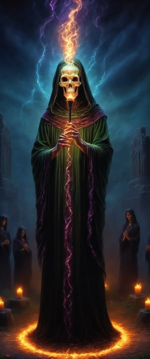 Generate hyper realistic image of a sorcerer performing an unholy ritual to raise the dead,  surrounded by a graveyard filled with restless spirits. The sorcerer's staff should channel dark energies,  and skeletal hands should emerge from the ground as the undead awaken. Convey the malevolent power of the necromancer as they defy the natural order to command the deceased., DonMn1ghtm4reXL, sooyaaa, darkart,,,,,darkart