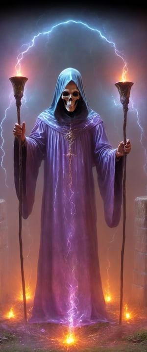 Generate hyper realistic image of a sorcerer performing an unholy ritual to raise the dead,  surrounded by a graveyard filled with restless spirits. The sorcerer's staff should channel dark energies,  and skeletal hands should emerge from the ground as the undead awaken. Convey the malevolent power of the necromancer as they defy the natural order to command the deceased., DonMn1ghtm4reXL, sooyaaa, darkart,,,,,darkart