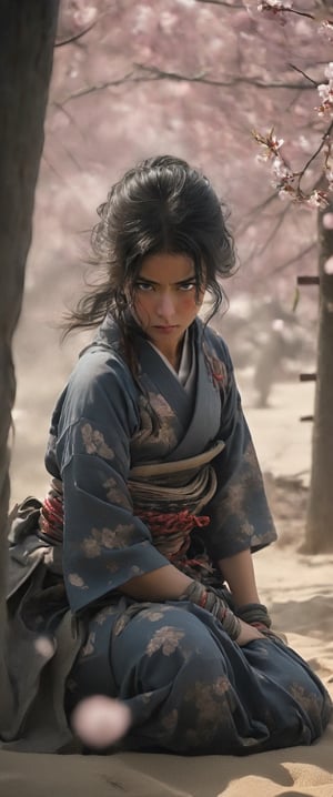 Title: Moody Samurai Warrior

Description:
A masterpiece captured in stunning 8K resolution, this wallpaper features a lone figure embodying the essence of a moody samurai warrior. The details are impeccable, from the intensity in her piercing blue eyes to the intricate texture of her traditional samurai attire.

The warrior's eyes are like deep pools of determination, betraying none of the happiness seen in the previous scene. Instead, her expression is one of seriousness, with her mouth set in a firm line, indicating her unwavering resolve. Long strands of black hair cascade down her back, framing her stern visage, adorned only by practical hair ornaments.

Seated in the center of a sand-covered dojo, the warrior commands attention with her imposing presence. Her kimono, unlike the delicate florals of the previous scene, bears a pattern reminiscent of the rough terrain she traverses—a symbol of her resilience in the face of adversity. The wide sleeves of her garment flutter slightly in the breeze, revealing the subtle movements of her disciplined form.

A simple sash, or obi, cinches her attire, emphasizing her strength and discipline. Her feet are clad in sturdy sandals, a testament to her readiness for battle. Surrounding her, the dojo is devoid of ornamentation, save for the raked patterns in the sand—a reflection of the warrior's focus and discipline.

In contrast to the gentle cherry blossoms, the dojo is framed by sturdy branches, symbolizing the warrior's connection to nature and her training ground. As she sits upon the sand, a solitary braid hangs over her shoulder, unadorned but for the practicality it offers in battle.

The wind whispers through the dojo, carrying with it the sound of falling cherry blossom petals, a reminder of the fleeting nature of life and the warrior's commitment to her path. With every detail meticulously rendered, this scene captures the essence of a moody samurai warrior, poised and ready to face whatever challenges lie ahead.,art_booster,no keyword needed,stalker