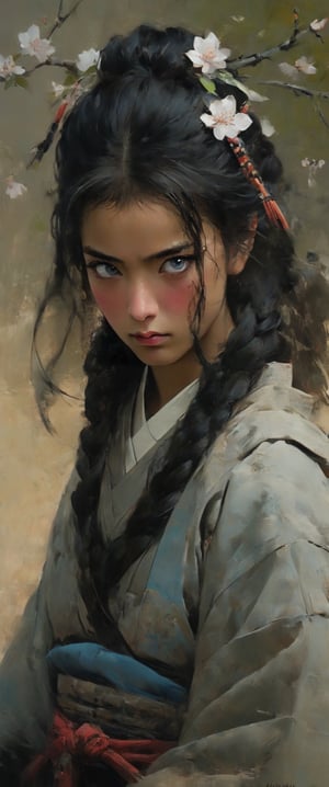 Title: Moody Samurai Warrior

Description:
A masterpiece captured in stunning 8K resolution, this wallpaper features a lone figure embodying the essence of a moody samurai warrior. The details are impeccable, from the intensity in her piercing blue eyes to the intricate texture of her traditional samurai attire.

The warrior's eyes are like deep pools of determination, betraying none of the happiness seen in the previous scene. Instead, her expression is one of seriousness, with her mouth set in a firm line, indicating her unwavering resolve. Long strands of black hair cascade down her back, framing her stern visage, adorned only by practical hair ornaments.

Seated in the center of a sand-covered dojo, the warrior commands attention with her imposing presence. Her kimono, unlike the delicate florals of the previous scene, bears a pattern reminiscent of the rough terrain she traverses—a symbol of her resilience in the face of adversity. The wide sleeves of her garment flutter slightly in the breeze, revealing the subtle movements of her disciplined form.

A simple sash, or obi, cinches her attire, emphasizing her strength and discipline. Her feet are clad in sturdy sandals, a testament to her readiness for battle. Surrounding her, the dojo is devoid of ornamentation, save for the raked patterns in the sand—a reflection of the warrior's focus and discipline.

In contrast to the gentle cherry blossoms, the dojo is framed by sturdy branches, symbolizing the warrior's connection to nature and her training ground. As she sits upon the sand, a solitary braid hangs over her shoulder, unadorned but for the practicality it offers in battle.

The wind whispers through the dojo, carrying with it the sound of falling cherry blossom petals, a reminder of the fleeting nature of life and the warrior's commitment to her path. With every detail meticulously rendered, this scene captures the essence of a moody samurai warrior, poised and ready to face whatever challenges lie ahead.