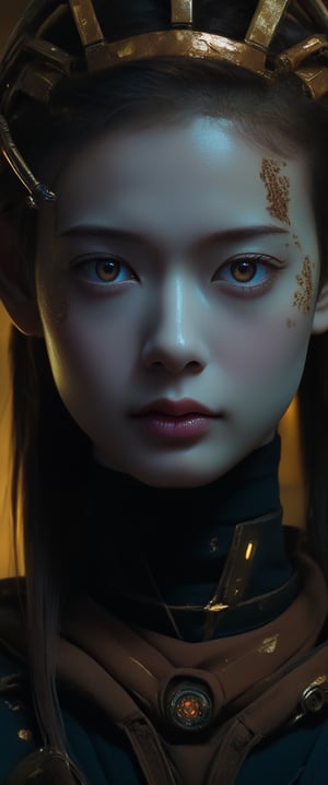 Realist portrait of a deception of ( breathtaking ethereal RAW photo of female ((extremely realistic photo)), (professional photo), (Best quality, 8k, 32k, Masterpiece, HD: 1.2),((jisoo,goyoonjung,m_kayoung,hyojoo),, (1girl)masterpiece, (photorealistic:1.4), ((masterpiece)), (((best quality))),(A art with stylized shapes luxury and sophistication:1.3) (ultra realistic,32k,RAW photo:1.1),), award winning futuristic cyberpunk-themed photograph, humanoid robot , detailed machinery, rusted, worn, damaged, cracked, glowing eyes, style of shadowrun, style of blade runner j
