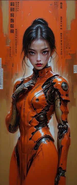 Hyperrealism, tecno Style of Loui Jover, cyborg and girl, movie poster, chinese text, GEOF DARROW style.orange, ,,gooeuun,minsi,,,,gokim,sooyaaa,koh_yunjung,<lora:659095807385103906:1.0>,<lora:659095807385103906:1.0>