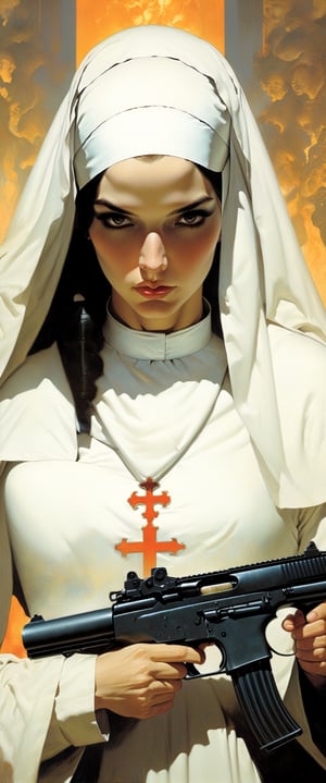a woman dressed as a nun holding a gun, Tom Bagshaw and Donato Giancola, Chris Moore. Germ of Art, by Mark Brooks, by Lucas Graciano, Germ of Art Greg Rutkowski _ Greg, James Gurney Brom, by Tom Bagshaw and Boris Vallejo, by Jose Comas Quesada, by Jorge Jacinto,gunatyou,dual pistols,mw