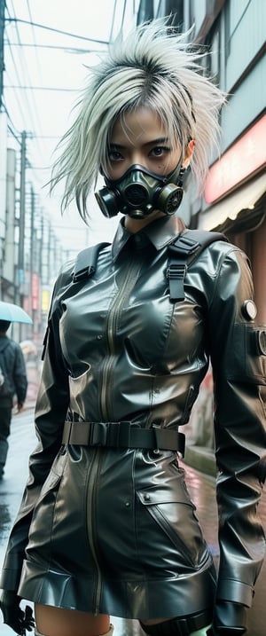 There is a woman with white hair and  a gas mask and an umbrella on the street, post apocalyptic Tokyo, set in post apocalyptic Tokyo, gloomy apocalyptic style, cyberpunk photo, anime style mixed with Fujifilm, Cyberpunk Hiroshima, hyperrealistic cyberpunk style, cyberpunk streetwear, cyberpunk grunge, en cyberpunk aesthetic, cyberpunk streets in japan, in cyberpunk style, cyberpunk horror style, in the cyberpunk city))),angry, latex uniform, eye angle view, ,aw0k nsfwfactory,aw0k magnstyle,danknis,sooyaaa,Anime,dlwlrma,