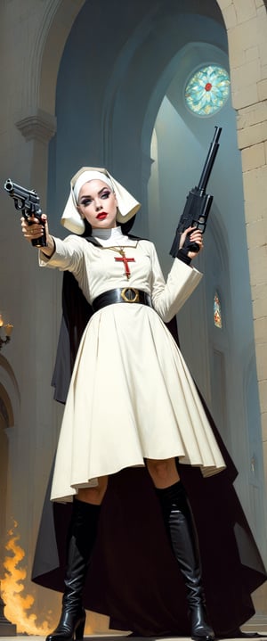 a woman dressed as a nun holding a gun, Tom Bagshaw and Donato Giancola, Chris Moore. Germ of Art, by Mark Brooks, by Lucas Graciano, Germ of Art Greg Rutkowski _ Greg, James Gurney Brom, by Tom Bagshaw and Boris Vallejo, by Jose Comas Quesada, by Jorge Jacinto,gunatyou,dual pistols,mw