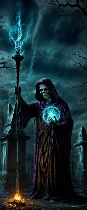 Generate hyper realistic image of a sorcerer performing an unholy ritual to raise the dead,  surrounded by a graveyard filled with restless spirits. The sorcerer's staff should channel dark energies,  and skeletal hands should emerge from the ground as the undead awaken. Convey the malevolent power of the necromancer as they defy the natural order to command the deceased., DonMn1ghtm4reXL, sooyaaa, darkart,,,,,darkart,DonMn1ghtm4reXL