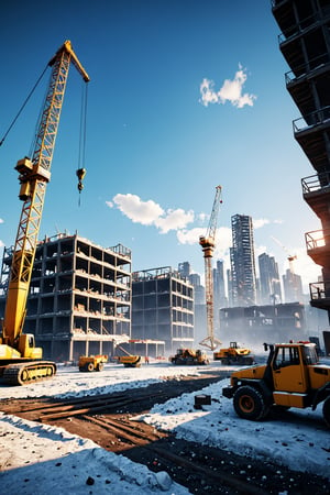 There is a picture of a construction site, There is a construction crane, created in unreal engine 5, made in unreal engine 5, destroyed city in background, Render in Unreal Engine 5, unreal engine 5 digital art, hyper-realistic environment, outdoors ruined cityscape, Unreal Engine 5 render, Unreal Engine 5 environment, dusty unreal engine, destroying a cityscape (Best Quality:1.4), (Ultra-detailed), (extremely detailed CG unified 8k wallpaper), Highly detailed, Christmas night, highest image quality, highest resolution, depth of field,Movie Poster