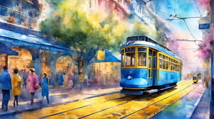 blue sidewalks, blue flowers, bright yellow trams, pink dreams, it’s like it’s drawn with chalk on the wall, this city is the best city on Earth, watercolor style, watercolor, intricate detail, retro style, bright colors, light background, hand-drawn, 4K resolution, centered