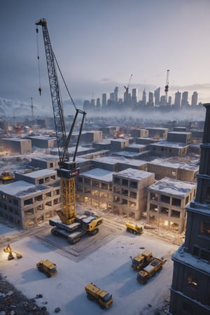 There is a picture of a construction site, There is a construction crane, created in unreal engine 5, made in unreal engine 5, destroyed city in background, Render in Unreal Engine 5, unreal engine 5 digital art, hyper-realistic environment, outdoors ruined cityscape, Unreal Engine 5 render, Unreal Engine 5 environment, dusty unreal engine, destroying a cityscape (Best Quality:1.4), (Ultra-detailed), (extremely detailed CG unified 8k wallpaper), Highly detailed, Christmas night, highest image quality, highest resolution, depth of field,Movie Poster