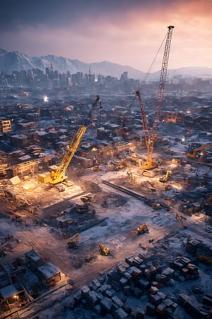 There is a picture of a construction site, There is a construction crane, created in unreal engine 5, made in unreal engine 5, destroyed city in background, Render in Unreal Engine 5, unreal engine 5 digital art, hyper-realistic environment, outdoors ruined cityscape, Unreal Engine 5 render, Unreal Engine 5 environment, dusty unreal engine, destroying a cityscape (Best Quality:1.4), (Ultra-detailed), (extremely detailed CG unified 8k wallpaper), Highly detailed, Christmas night, highest image quality, highest resolution, depth of field,Movie Poster,XSWB,cyber