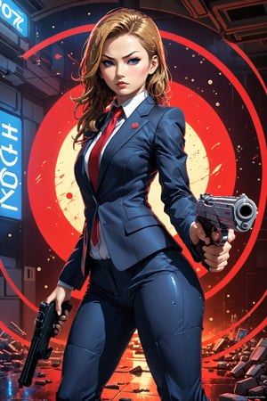 (Best quality, ultra detailed, masterpiece),  8k, super detailed, precise, lady 007, black suit, cutesexyrobutts (style), slim, young and hot female agent, battle scars, (wearing a suit:1.2), holding a gun, San Diego Red Circle, red light and blue light, Very detailed, Ray tracing, number, concept art, Smooth, sharp focus, illustration, Katsuya Terada's work, Murata Art Series, (((rule of thirds))), shallow depth of field, intricate details, fantastical realm, extremely detailed, ultra sharp focus, light particles, attention to detail, grandeur and awe, cinematic, stunning visual masterpiece, double exposure, photorealistic, cinematographic scene, highest quality, 32k, octane render,gunatyou