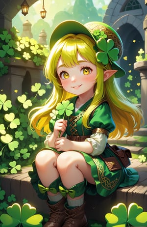 (best quality:1.3),(best masterpiece:1.3),super fine illustration,vibrant colors,official art,8k wallpaper,(((masterpiece))), (((best quality))), ((ultra-detailed)), (illustration), (detailed light),((an extremely delicate and beautiful)), (solo dwarf girl), smiling, (yellow-color hair, hair over eyes:1.3), sitting, wariza, holding a shamrock, (wearing oversized pointed hat with a Celtic shamrock pattern), (wearing yellow-green dwarf clothes), (shamrocks garden),cute doodle,IMGFIX