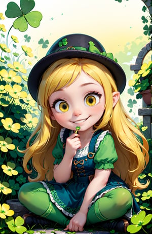 (best quality:1.3),(best masterpiece:1.3),super fine illustration,vibrant colors,official art,8k wallpaper,(((masterpiece))), (((best quality))), ((ultra-detailed)), (illustration), (detailed light),((an extremely delicate and beautiful)), (solo dwarf girl), smiling, (yellow-color hair, hair over eyes:1.3), sitting, wariza, holding a shamrock, (wearing oversized pointed hat with a Celtic shamrock pattern), (wearing yellow-green dwarf clothes), (shamrocks garden),cute doodle,IMGFIX,disney pixar style