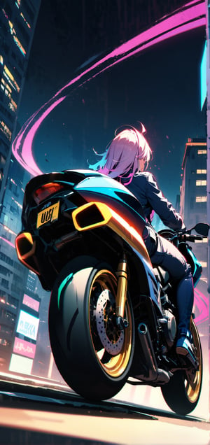 (masterpiece, best quality:1.4), A high-speed chase through a neon-drenched Tokyo-inspired cityscape, reminiscent of Akira's iconic visuals. Motorcycles with glowing trails weave through holographic advertisements, leaving streaks of vibrant color across the night sky. UHD, U8K, HiRes, HiDef
