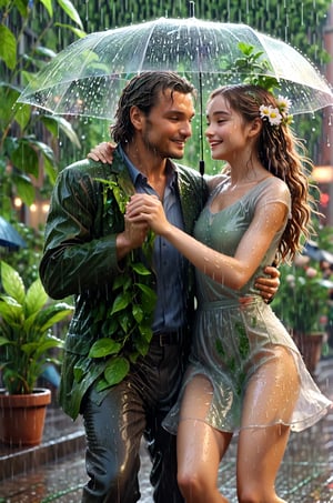 a gentle man and girl dancing in rain in city plants romantic temperature focus on rain, screen fill with plants and flowers, The face is clear and accurate, Detail of the face, ultra-fine, 16K resolution, High Quality, cinematic lightings, High quality detailed, Dynamic viewing angle, Detail plot, Epic Shooting, OC Rendering, super detaill, high detailed,Leonardo style 