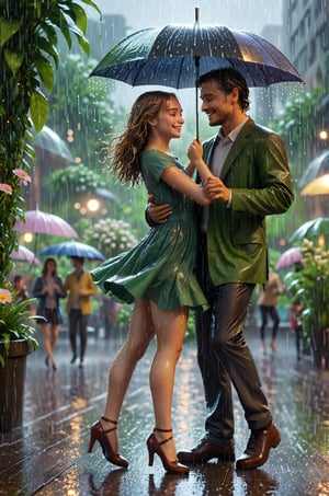 a gentle man and girl dancing in rain in city plants romantic temperature focus on rain, plants and flowers, The face is clear and accurate, Detail of the face, ultra-fine, 16K resolution, High Quality, cinematic lightings, High quality detailed, Dynamic viewing angle, Detail plot, Epic Shooting, OC Rendering, super detaill, high detailed,Leonardo style 