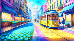 blue sidewalks, blue flowers, bright yellow trams, pink dreams, it’s like it’s drawn with chalk on the wall, this city is the best city on Earth, watercolor style, watercolor, intricate detail, retro style, bright colors, light background, hand-drawn, 4K resolution, centered