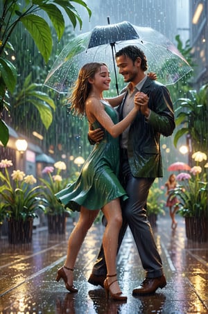 a gentle man and girl dancing in rain in city plants romantic temperature focus on rain, plants and flowers, The face is clear and accurate, Detail of the face, ultra-fine, 16K resolution, High Quality, cinematic lightings, High quality detailed, Dynamic viewing angle, Detail plot, Epic Shooting, OC Rendering, super detaill, high detailed,Leonardo style 