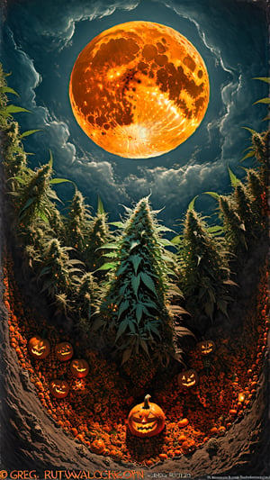 orange garden, marijuana, 8k, big detailed moon, halloween, album cover,detailmaster2,HellAI,greg rutkowski