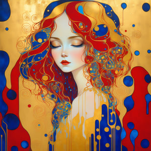 Klimt style,Girl age 17th, liar, stylized pose, aesthetic, contemporary geometric art with a harmonious palette of gold blending with red and blue, evoking a bright and mysterious atmosphere.,Leonardo Style,dripping paint