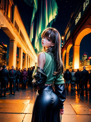 Aurora in the night sky of the big city, transparent aurora shining like glass, fantastically beautiful, beautiful girl looking up at the aurora, long black hair, high school girl, full body, back view, (girl draws beautifully in detail), surprised Expressions, street corners, many people watching the aurora, ((masterpiece)), ((highest quality 16k)), ((detailed and detailed)), ((high resolution)),riregram