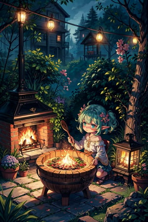 A loli girl half elf wizard who loves cooking, petite, small body, chibi, puffy cheeks, sitting in a serene garden surrounded by lush herb patches, delicate flowers, and whimsical fairy lights, stirring a cauldron atop a rustic stone stove, the fragrance of herbs and blossoms mingling in the air, a tranquil and magical setting, intricate details of their cooking tools,EnvyBeautyMix23
"CharacterSheet"