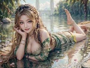 (best quality), (masterpiece), ((realistic), (detailed), girl, wearing Indian saree, fair 1 girl, scenery, floating flower petals,
smile, green eyes, extremely long hair, blonde hair, forehead, medium boobs,
Lying on front, on stomach, barefoot, choker, headband, see-through dress,