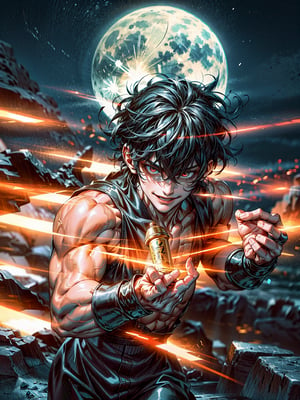 Son goku, night, moon, red eyes,well trained,, more_details:-1, more_details:0, more_details:0.5, more_details:1, more_details:1.5,son goku, perfect hands, perfect 5 fingers, smile