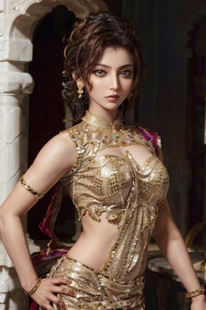 (best quality), (masterpiece), ((realistic), (detailed), girl, wearing Indian saree, fair skinned, indian Dress