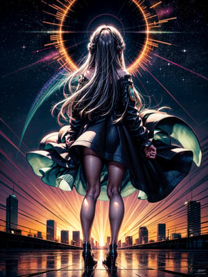Aurora in the night sky of the big city, transparent aurora shining like glass, fantastically beautiful, beautiful girl looking up at the aurora, long black hair, high school girl, full body, back view, (girl draws beautifully in detail), surprised Expressions, street corners, many people watching the aurora, ((masterpiece)), ((highest quality 16k)), ((detailed and detailed)), ((high resolution)),