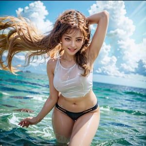 4k masterpiece, the girl in is half her body in the water, neon colors, wet t-shirt, big breasts, thin waist, wet, low-rise black panties, cameltoe, arm down, spreaded arm out of frame, smile, happy facial expression, ocean, sky, clouds, floating long yellow hair, swaying bangs, white t-shirt, sleeveless tops, midriff, navel, bare arms, bare legs, dynamic angle, cinematic lighting, shining pale skin, shining water
